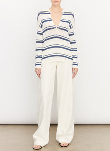  Vince nay/offwhite racked ribbed v neck stripe cotton pullover