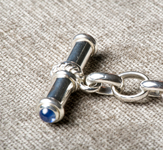 DFS sterling silver handmade bar link bracelet with sapphire cabochons