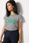 Classic Ciao Tee Grey Melange with Green Block Print