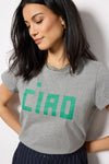 Classic Ciao Tee Grey Melange with Green Block Print