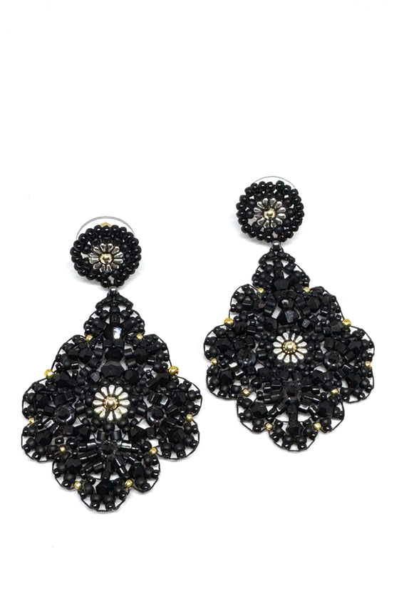 Flower-Shaped Drop Earrings with Miyuki Beeds in Black