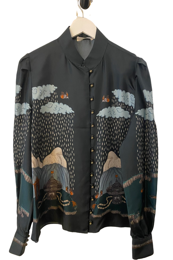 Sabia Savage The Snow Lion Silk Stand Collar Blouse Turquoise/Saffron found at Patricia in Southern Pines, NC 