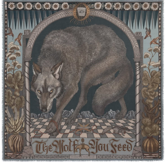 "The Wolf You Feed" 42cm Square Silk Twill Scarf Gunmetal/Gloaming