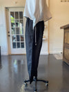 Black Silk Wide Leg Pants with Embroidery and Pleated Edge