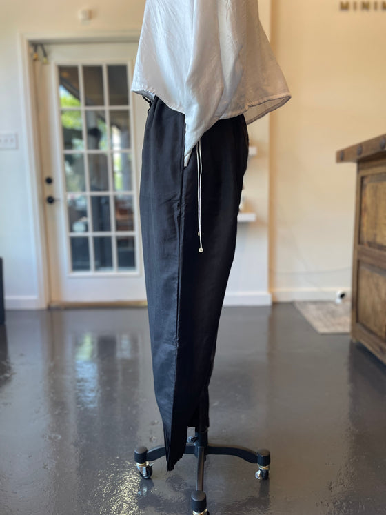 Black Silk Wide Leg Pants with Embroidery and Pleated Edge