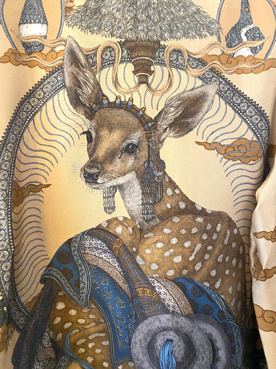 Sabina Savage "The Song Deer" Silk Stand Collar Blouse Coral/Quartz