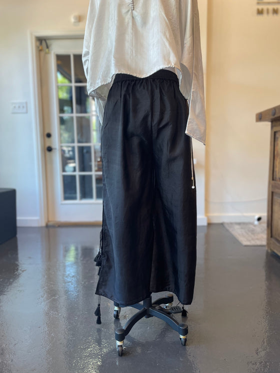 Black Silk Wide Leg Pants with Side Slits and Ties