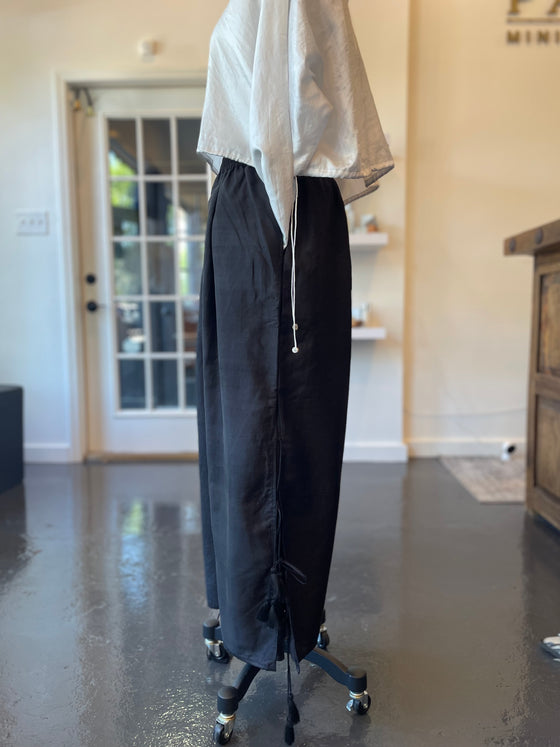 Black Silk Wide Leg Pants with Side Slits and Ties