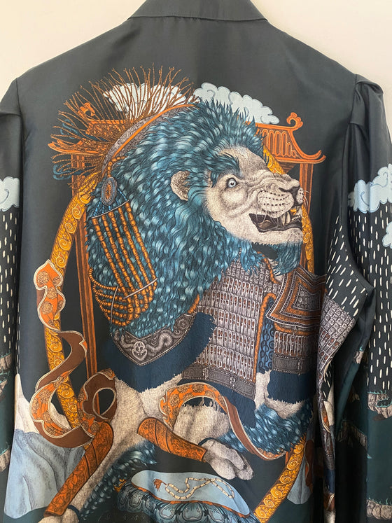 Sabina Savage "The Snow Lion" Silk Stand Collar Blouse Turquoise/Saffron
