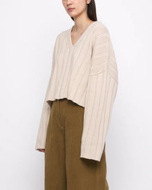  Oversized Ribbed V-Neck in Beige/White
