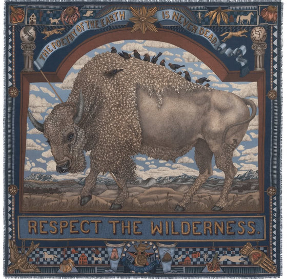 "Secrets of the Bison" 42cm Square Silk Twill Scarf Chambray/Stone