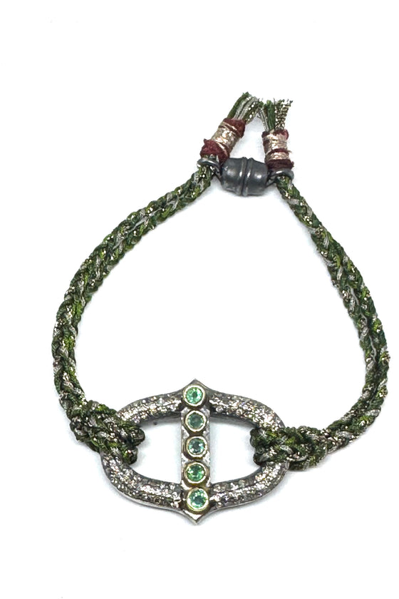 Diamond and Emerald Oval on Woven Cord Bracelet