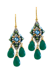  Chandelier Earrings with Green Crystals and Blue Miyuki Beads