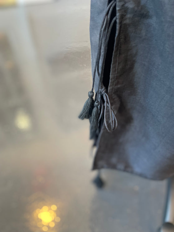 Black Silk Wide Leg Pants with Side Slits and Ties