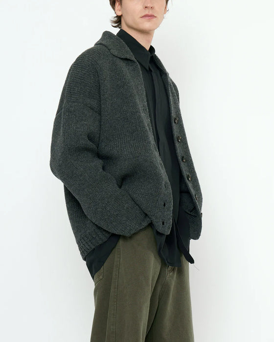 Chunky Collared Recycled Wool Cardigan Gray