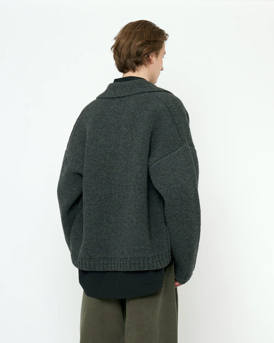 Chunky Collared Recycled Wool Cardigan Gray
