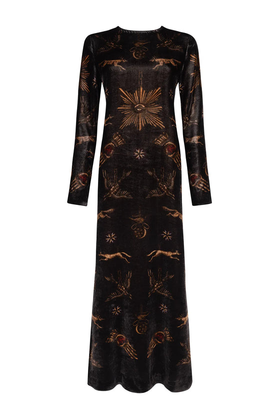 "Secrets of the Bison" Long Silk Velvet Dress Sanguine/Silver