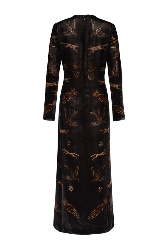 "Secrets of the Bison" Long Silk Velvet Dress Sanguine/Silver
