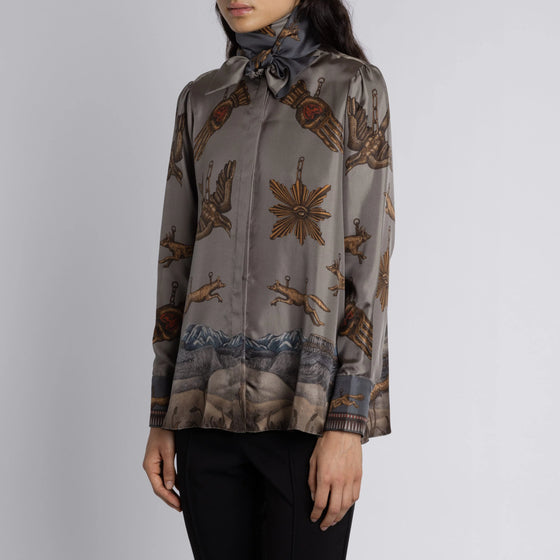 "Secrets of the Bison" Silk Tie Neck Blouse Sanguine/Silver