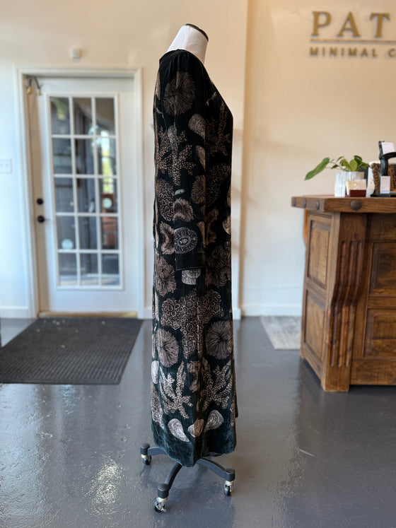 "The Scrimshaw Skeleton" Long Silk Velvet Dress Kelp/Canvas