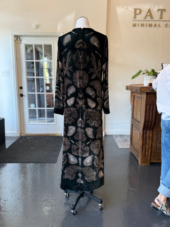 "The Scrimshaw Skeleton" Long Silk Velvet Dress Kelp/Canvas