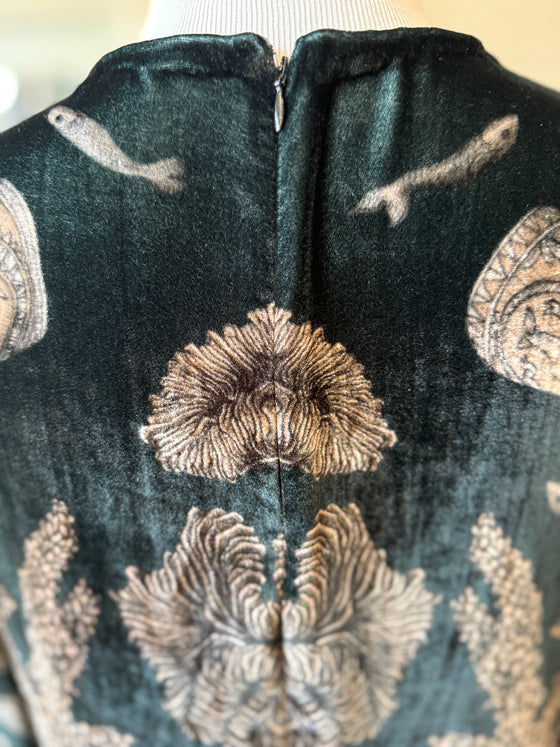 "The Scrimshaw Skeleton" Long Silk Velvet Dress Kelp/Canvas