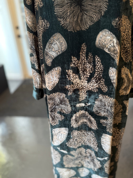 "The Scrimshaw Skeleton" Long Silk Velvet Dress Kelp/Canvas