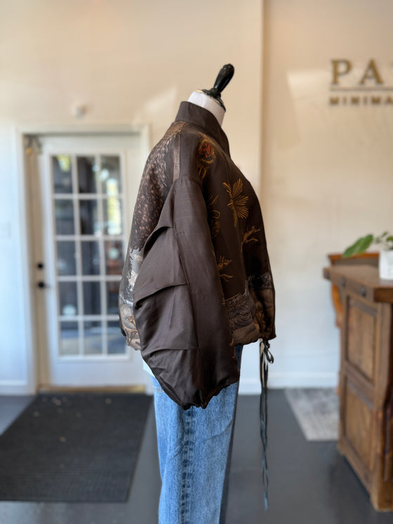 "Secrets of the Bison" Silk Twill Reversible Quilted Bomber Jacket Sanguine/Silver