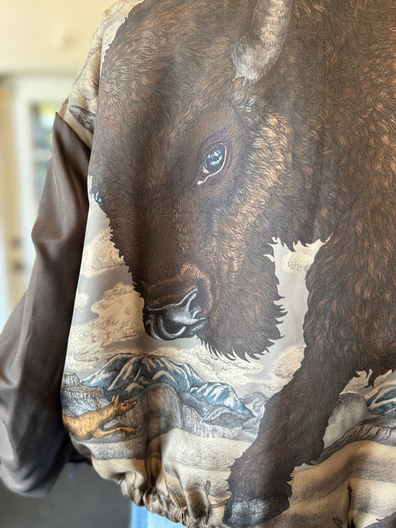 "Secrets of the Bison" Silk Twill Reversible Quilted Bomber Jacket Sanguine/Silver