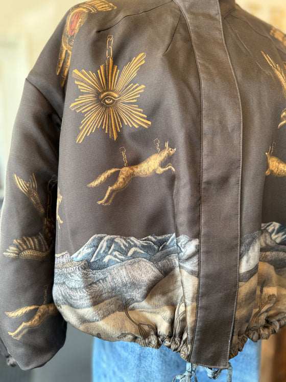 "Secrets of the Bison" Silk Twill Reversible Quilted Bomber Jacket Sanguine/Silver