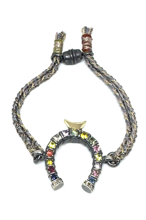 Multi-colored Sapphire and Diamond Horseshoe on Woven Cord Bracelet by Patricia Arango