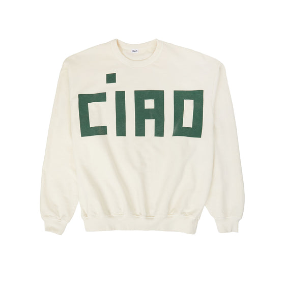 Clare V. Cream Oversized Sweatshirt with CIAO in Evergreen found at Patricia in  Southern Pines, NC