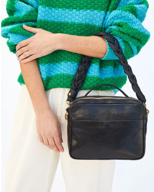 Braided Leather Shoulder Strap Black Italian Nappa