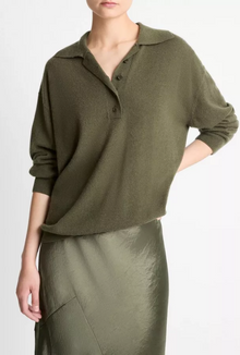  Wide Placket Long Sleeve Cashmere Silk Polo Sweater Herba