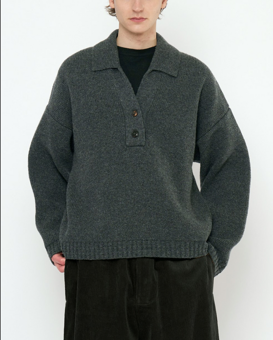 Chunky Collared Recycled Wool Pullover Gray