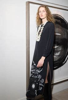  Love Binetti Long Black Silk dress with ruffle placket found at Patricia in Southern Pines, NC