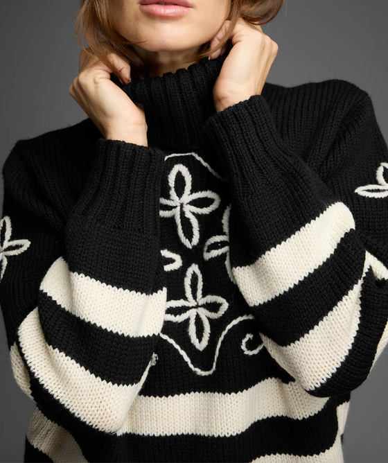 Striped Arlo Merino Wool Turtleneck Sweater Black/White