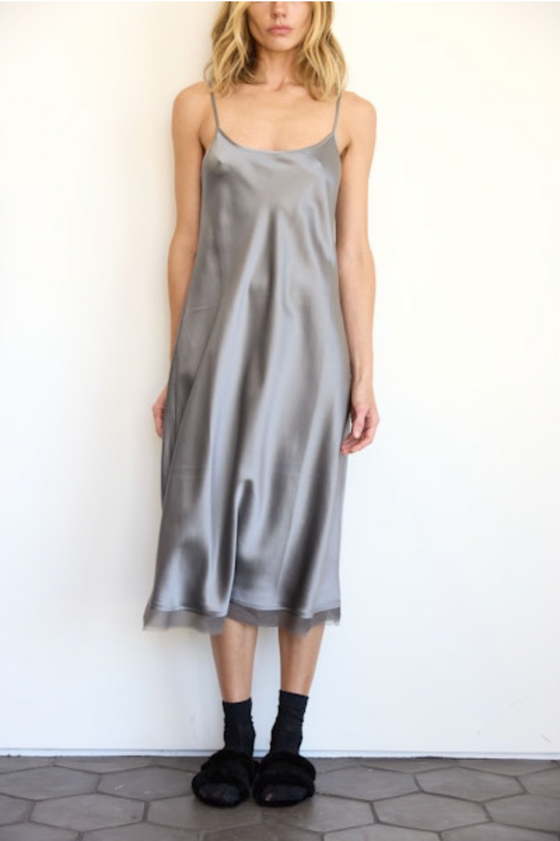 Brazeau Tricot Classic Slip Dress grey with organza petal found at Patricia in southern Pines, NC 