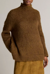 Oversized Brushed Mock Neck Wool and Cotton Sweater Moss Ochre