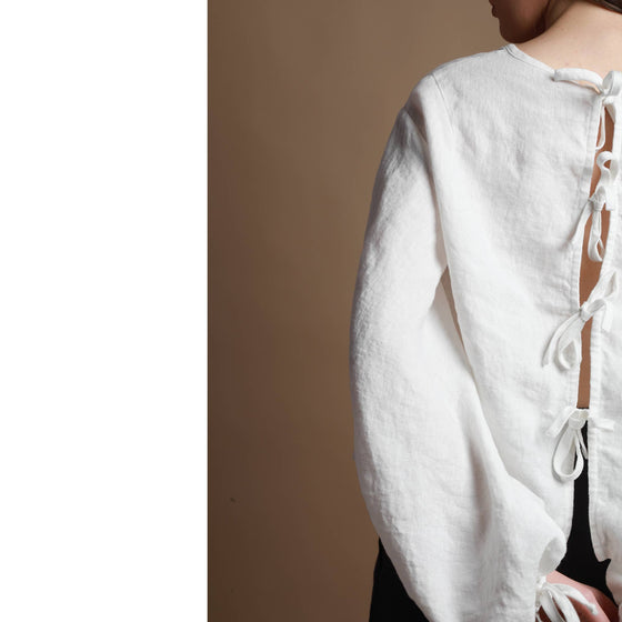 Knotium Puff Sleeve Cropped Off White Linen Shirt with Back Ties