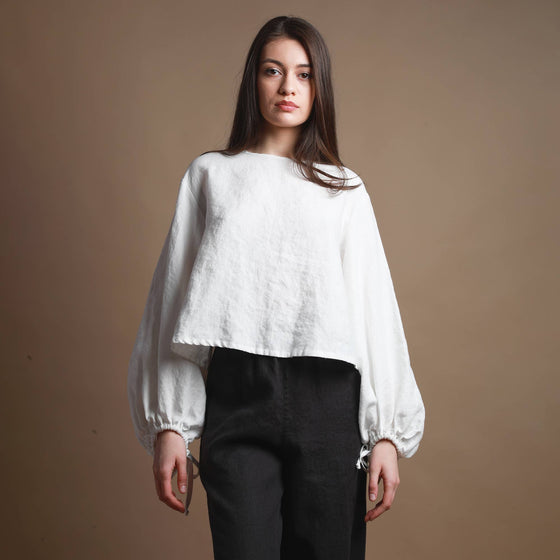 Knotium Puff Sleeve Cropped Off White Linen Shirt with Back Ties