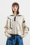 Merino Wool Cardigan with High Neck Zip Closure and Intarsia Mesh Natural