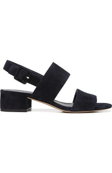  Vince Taye Navy Suede Sandal, Italian sandal featuring a block heel with a squared back detail and ankle strap. Navy suede