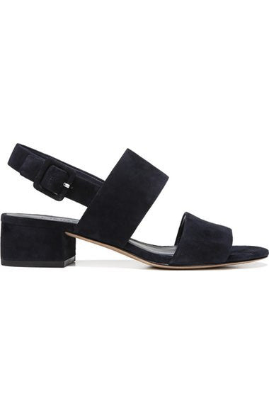 Vince Taye Navy Suede Sandal, Italian sandal featuring a block heel with a squared back detail and ankle strap. Navy suede