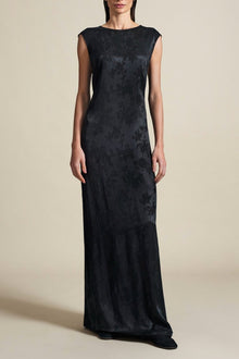  Kallmeyer Black Satin Brocade Circle Back Gown found at Patricia in Southern Pines, NC 