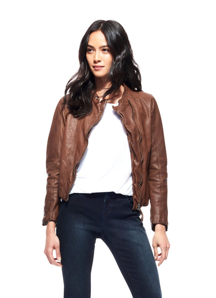Brown washed leather, asymmetric, slim fit jacket found at Patricia in Southern Pines, NC
