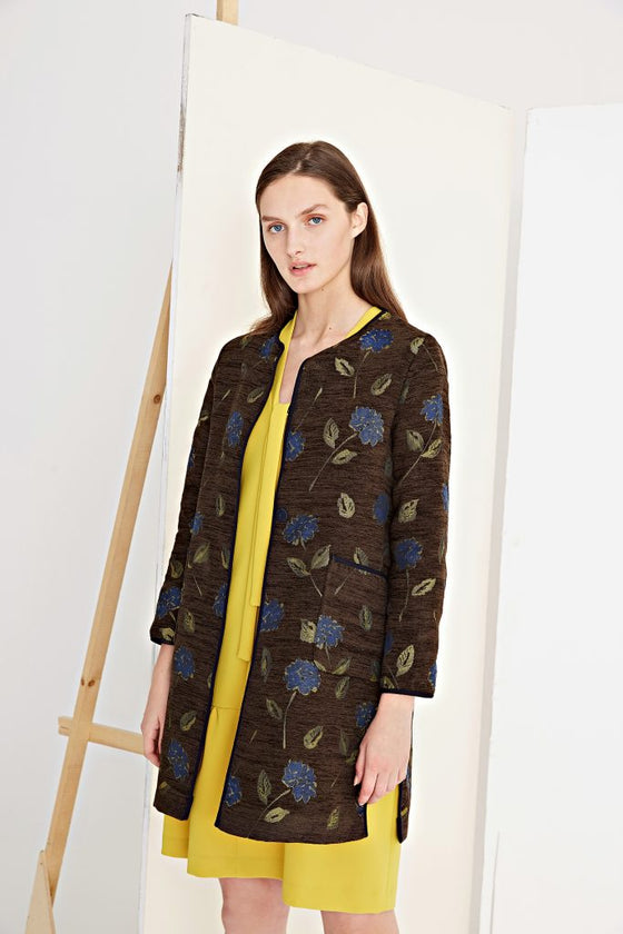 Rosso35 Hunter Green Coat with Floral Jacquard Pattern