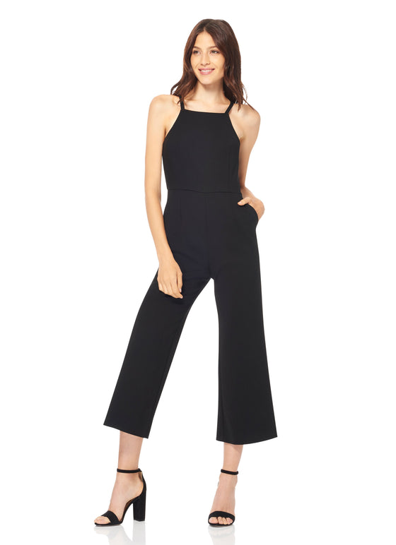 Black cotton poly blend jumpsuit with spaghetti straps and back pockets, found at Patricia in southern Pines, NC