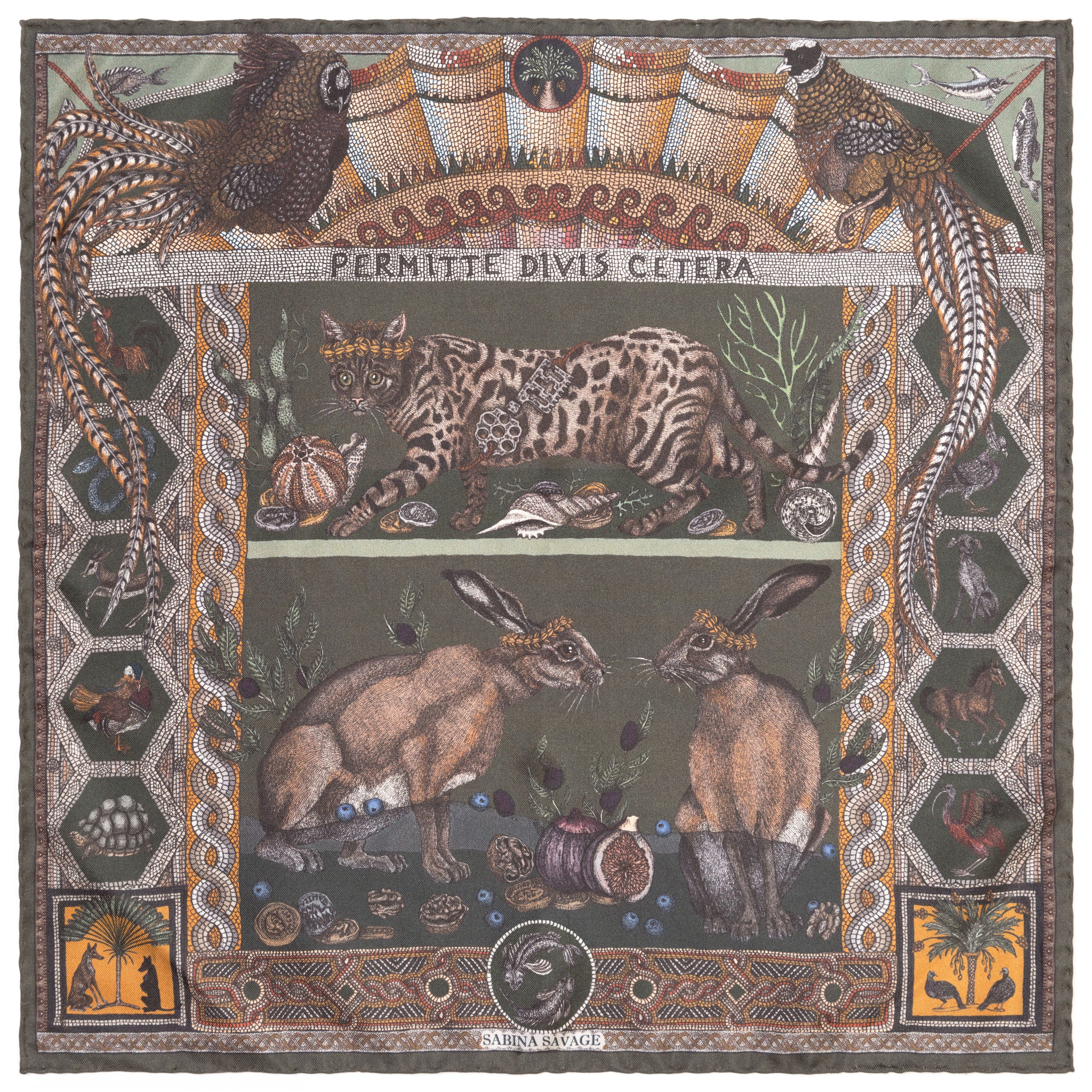 Sabina Savage "Fortuna's Box - The Treasures of Pompeii"  Silk Twill Olive/Bay  42cm Square Scarf