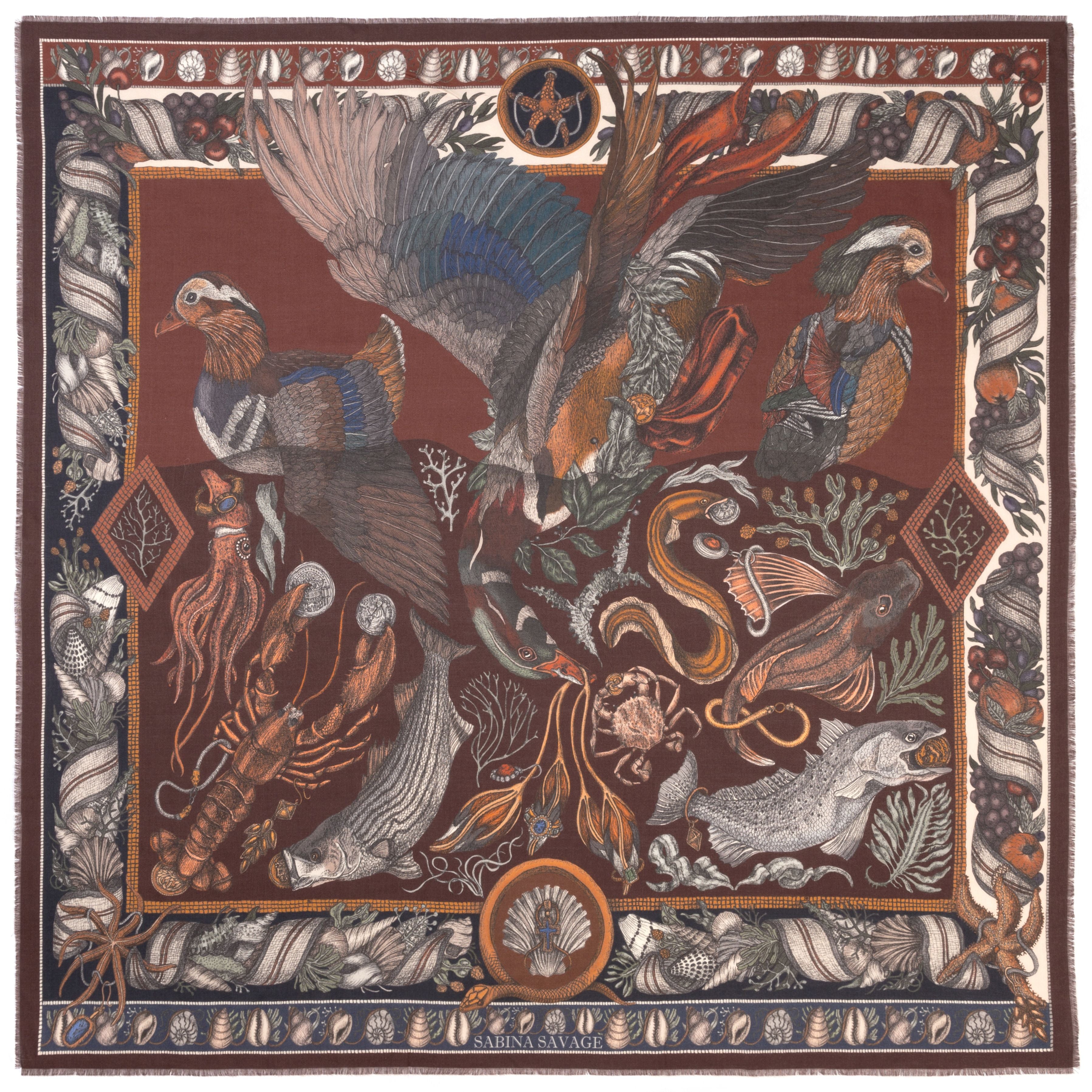 Sabina Savage  "Neptune's Riches" Silk Twill Rosso/Mahogany 42cm Square Scarf